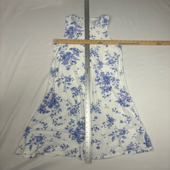 Floral Toile Stretchy Boho Swing Dress W Medium Blue White NWT Sleeveless A-Line - Picture 6 of 11